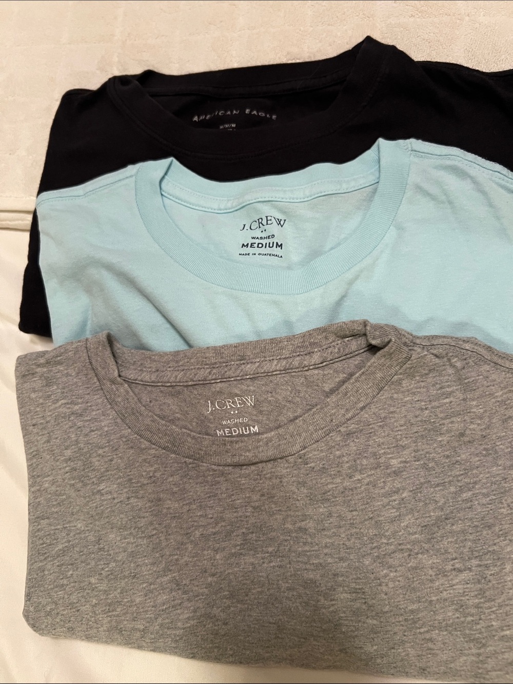 Lot of 3 crewneck Tee shirts: JCrew Blue & Gray & AE black. All Mediums